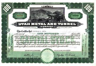 Utah Metal And Tunnel Company Me 1937 Stock Certificate photo