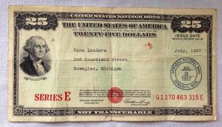 Us Savings Bond - Series E - $25 - July 1957 - 315e photo