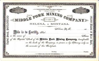 Middle Fork Mining Company Mt 188 - Stock Certificate photo