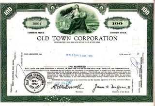 Old Town Corporation Ny 1967 Stock Certificate photo
