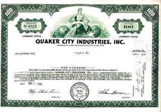 Quaker City Industries Ny 1968 Stock Certificate photo