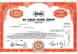 Refac Technology Development Corporation 1972 Stock Certificate photo