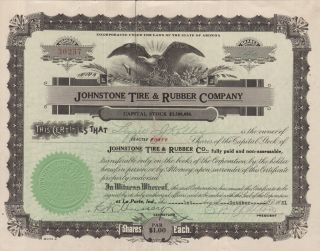 Usa Johnstone Tire & Rubber Company Stock Certificate 1921 photo