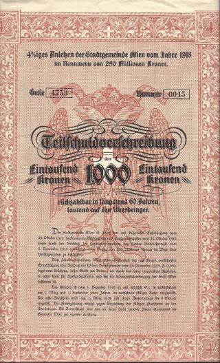 Austria City Of Vienna 4 % Bond Stock Certificate 1918 With Coupons photo