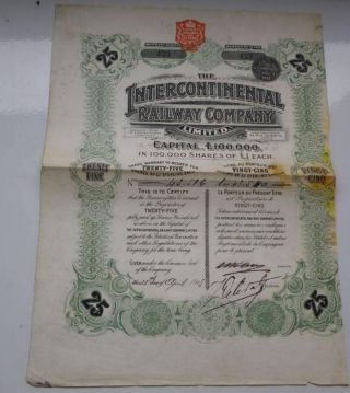 Uk Gb France Bond 1901 Intercontinental Railway Co £25 25 Shares Uncancelled photo