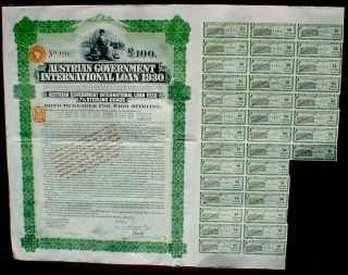 7% Austrian Government 100 ₤ Bond To Bearer 1930 Uncancelled + Coupon Sheet photo