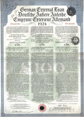 Germany Government Loan 1924 Bond 7% French Issue £100 Daves Coupons photo