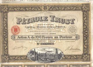 France 1924 Oil Petrole Trust Company 100 Francs Uncancelled Coupons Top Deco photo