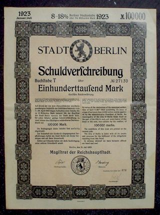 Germany,  8 - 18% Loan Of The City Of Berlin 100000 Mark,  1923 Uncancelled photo