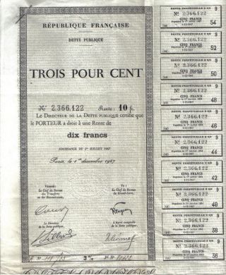 France 3% Public Debt State Loan 1947 10 Francs Uncancelled Coupons photo