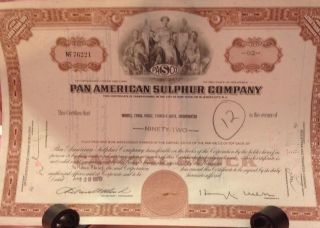 1970 Pan American Sulphur Company Stock Certificate Vintage photo