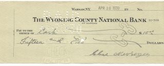 Usa - 1930 - The Wyoming County National Bank - Check 15 Dollars photo
