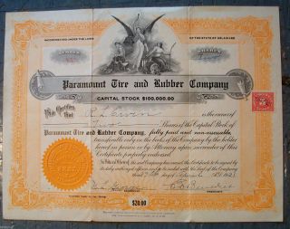 1921 Paramount Tire & Rubber Co.  Stock Certificate - Delaware Inc 956 Ship photo