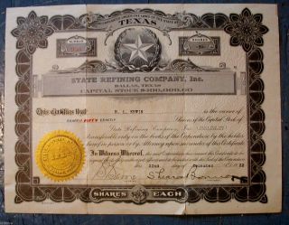 1922 Texas Refining Co.  Inc.  Stock Certificate Dallas,  Texas 50 Shares Ship photo
