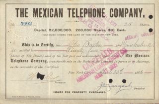 The Mexican Telephone Company 1880s Stock Certificate Mexico Share photo