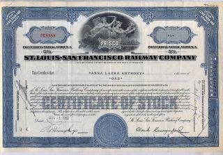 St.  Louis San Francisco Railway Stock Certificate Railroad Frisco Blue Missouri photo