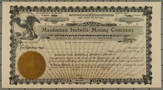1900 Manhattan Isabella Mining Company Stock Certificate photo
