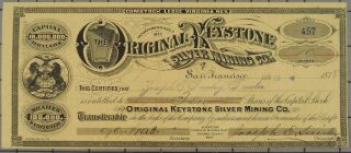 1878 Virginia Keystone Silver Mining Company Stock Certificate photo