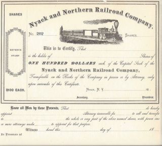 Nyack And Northern Railroad Company. . . .  1800 ' S Unissued Stock Certificate photo