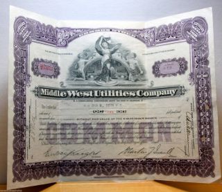 Middle West Utilities Stock Certificate 1931 Issue 5 Shares Fancy Vignette photo