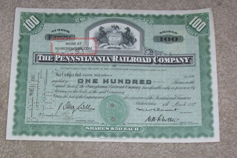 Pennsylvannia Railroad Company Stock Certificate 1947