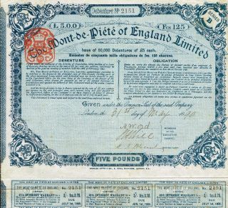 England The Mont - De - Piete Of England Stock Certificate 1890 Pawning photo