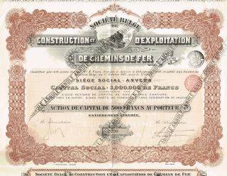 Belgium Railway Construction & Exploration Company Stock Certificate photo
