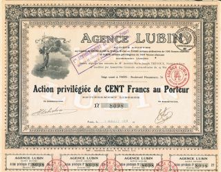 France Agence Lubin Stock Certificate 1919 Travel Agency photo