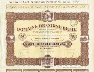 France Domaine De Corne Biche Stock Certificate 1928 photo