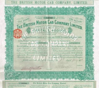 England The British Motor Cab Company Stock Certificate 1910 photo
