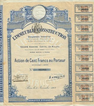 France Building Construction Real Estate Group Stock Certificate 1909 photo