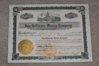 Ray Jefferson Mining Company Stock Certificate 1913 photo