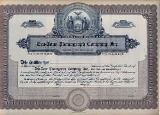 Tru - Tone Phonograph Company Stock Certificate photo