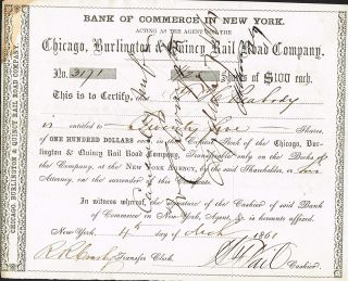 Usa Chicago Burlington Quincy Railroad Certificate 1861 photo