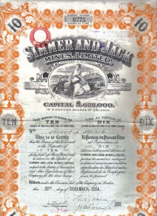 Oiginal South Africa 1924 Bond Gold Simmer & Jack Mines Company 10 Shares Deco photo
