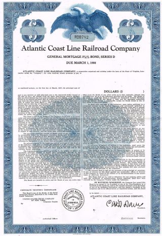 Usa Atlantic Coast Line Railroad Company Bond Stock Certificate photo