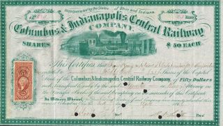 Usa Columbus & Indianapolis Central Railway Company Stock Certificate 1866 photo