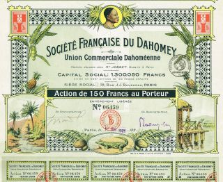 Africa Dahomey Commercial Union Stock Certificate Rare 150 Francs Version photo