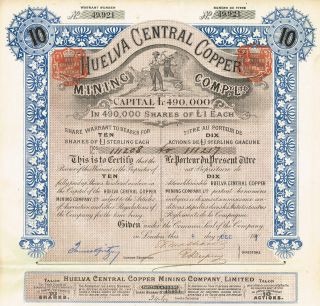 Spain Huelva Central Copper Stock Certificate 1901 10sh photo