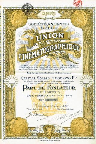 Belgium Union Cinematography Stock Certificate 1920 photo