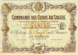 France Hardware Company Stock Certificate 1896 Clous Au Soleil photo