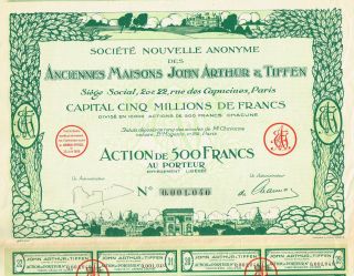 France Real Estate Company Stock Certificate 1929 John Arthur & Tiffen photo