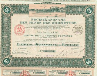 France Bormettes Mines Company Stock Certificate 1924 photo