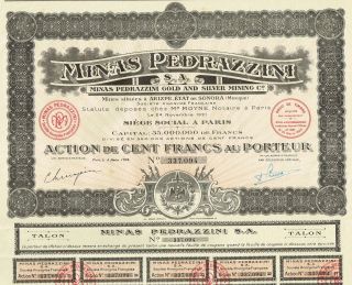Mexico Pedrazzini Gold & Silver Mining Company Stock Certificate 1921 photo
