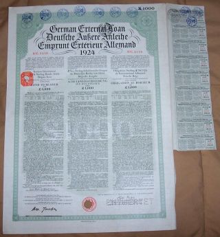 Germany Sterling Loan 1924 Bond 7% Uk Gb Issue £1000 Daves Coupons Seal photo