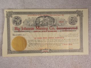 Antique 1906 Big Johnnie Mining Company Stock South Dakota Blank Certificate photo