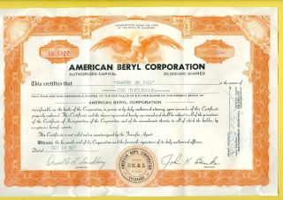 1957 American Beryl Corporation Stock Certificate Rare Unique photo
