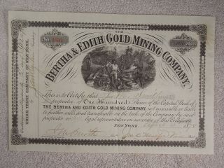 Antique 1878 Bertha & Edith Gold Mining Company Stock Certificate York photo