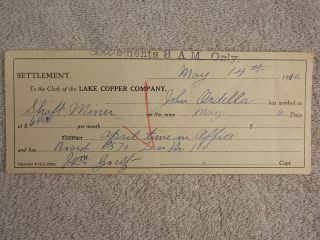 Antique 1910 Lake Copper Company Settlement Pay & Board Statement photo