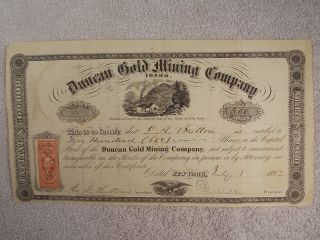 Antique 1867 Duncan Gold Mining Company Stock Certificate W/ 25¢ Revenue Stamp photo